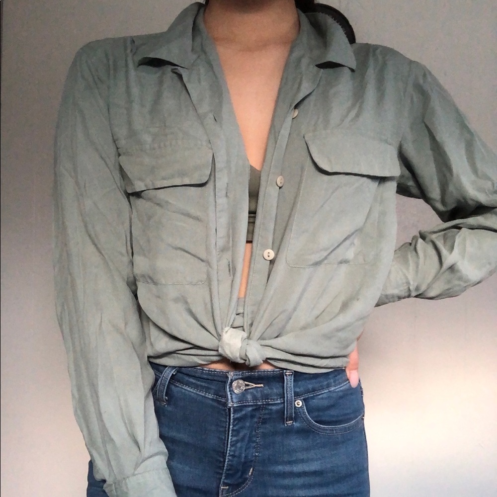 soft olive green button down shirt